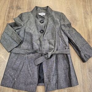 Sharagano Suits Grey Belted Coat Blazer Sz 8 Medium Linen Rayon Classic Office